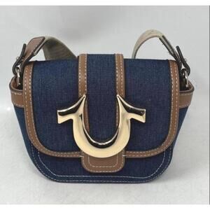 True Religion Denim Crossbody Bag with Brown Leather Trim and Beige Strap
